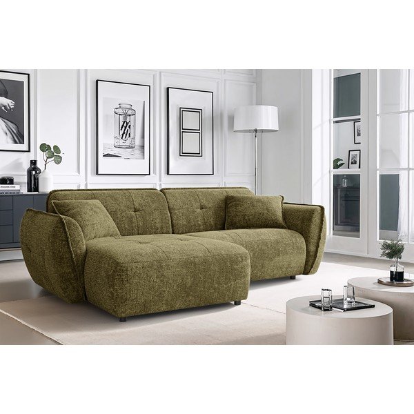 Žalios spalvos kampinė sofa iš šenilinio audinio (su kairiuoju kampu/su gultu) Nelia – Ropez-image-1