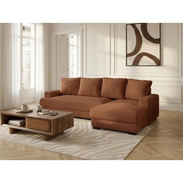 Oranžinės spalvos sulankstoma/su sandėliavimo vieta kampinė sofa iš kordinio velveto (su dešiniuoju kampu/su gultu) Campi – Bobochic Paris-image-1