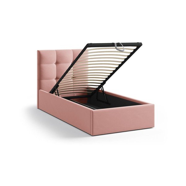 Rožinės spalvos viengulė lova audiniu dengta su sandėliavimo vieta su lovos grotelėmis 90x200 cm Phaedra – Micadoni -image-1