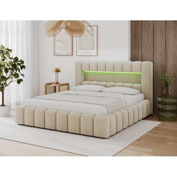 Smėlio spalvos dvigulė lova dengta audiniu su sandėliavimo vieta su lovos grotelėmis 180x200 cm Lamica – ELTAP-image-4