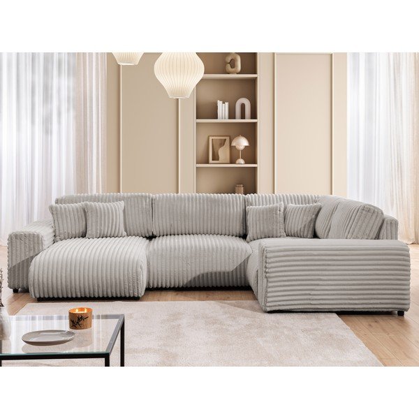 Šviesiai pilkos spalvos kampinė sofa iš kordinio velveto (su dešiniuoju kampu/„U“ formos) Justin – Ropez-image-1