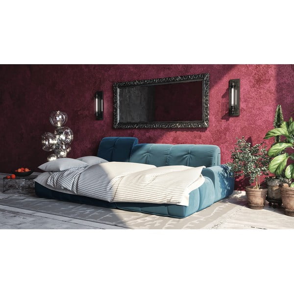 Tamsiai mėlyna aksominė kampinė sofa-lova Devichy Tous, kairysis kampas-image-1