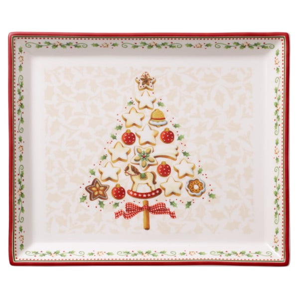 Raudonos ir smėlio spalvos porcelianinė lėkštė su kalėdiniu motyvu Villeroy & Boch, 27,4 x 22,7 cm