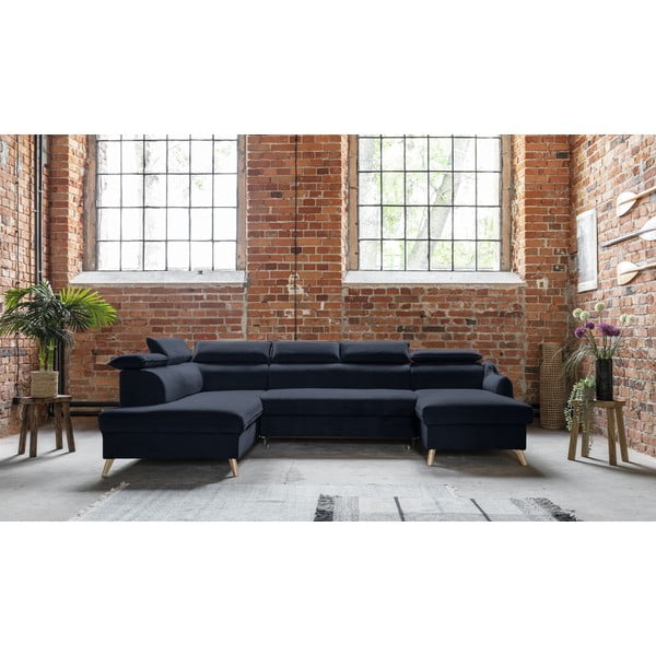 Sulankstoma kampinė sofa iš velveto tamsiai mėlynos spalvos (su kairiuoju kampu/„U“ formos) Sweet Harmony – Miuform-image-1