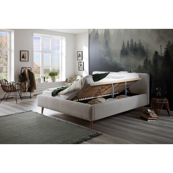 Smėlio spalvos dvigulė lova audiniu dengta su sandėliavimo vieta su lovos grotelėmis 180x200 cm Mattis Cord – Meise Möbel-image-1