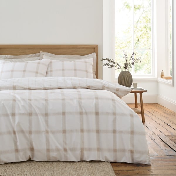 Smėlio spalvos iš medvilnės dvigulė patalynė 200x200 cm Oxton Check – Bianca-image-1
