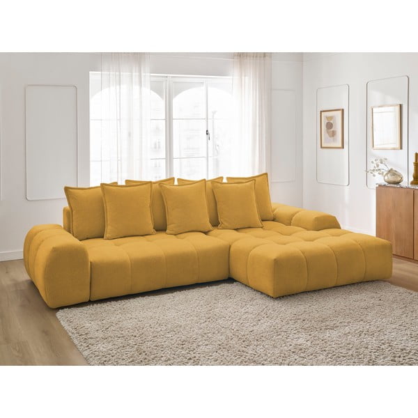 Garstyčių spalvos iš šenilinio audinio sulankstoma/su sandėliavimo vieta kampinė sofa (su dešiniuoju kampu/su gultu) Everest – Bobochic Paris-image-1