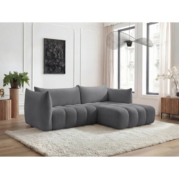 Pilkos spalvos kampinė sofa iš boucle (su dešiniuoju kampu/su gultu) Azra – Bobochic Paris-image-1