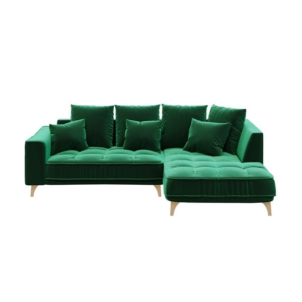 Tamsiai žalia aksominė kampinė sofa Devichy Chloe, dešinysis kampas, 256 cm