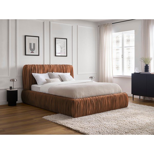 Dvigulė lova oranžinės spalvos audiniu dengta su sandėliavimo vieta su lovos grotelėmis 160x200 cm Blair – Bobochic Paris-image-1