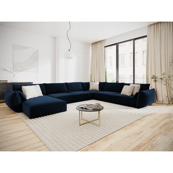 Tamsiai mėlynos spalvos iš velveto kampinė sofa (su dešiniuoju kampu/„U“ formos) Vanda – Mazzini Sofas-image-1