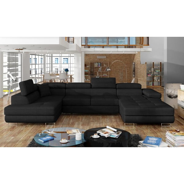 Juodos spalvos iš velveto sulankstoma/su sandėliavimo vieta kampinė sofa (su kairiuoju kampu/„U“ formos) Rodrigo – ELTAP-image-1