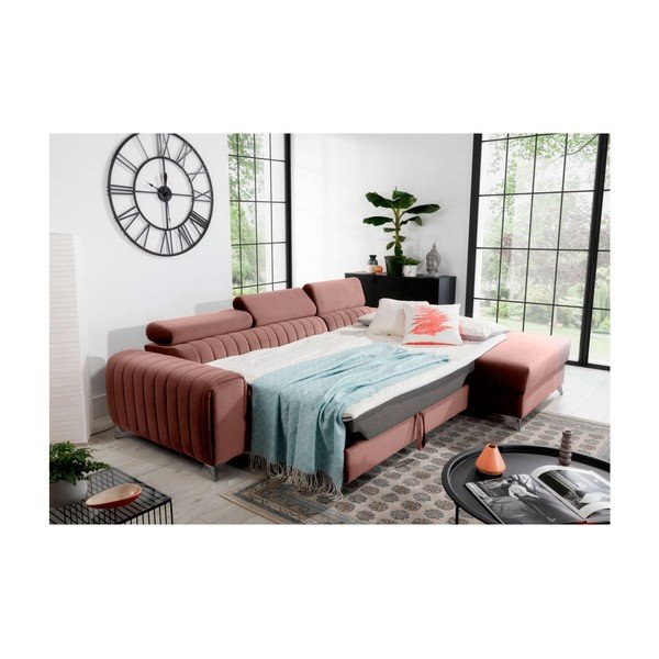 Rožinės spalvos iš velveto sulankstoma/su sandėliavimo vieta kampinė sofa (su dešiniuoju kampu/su gultu) Grayson – ELTAP-image-4