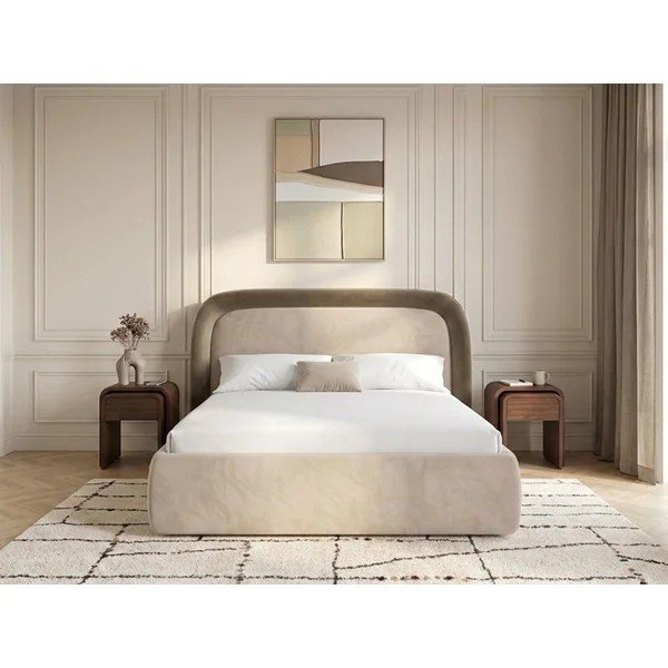 Taupe spalvos dvigulė lova audiniu dengta su sandėliavimo vieta su lovos grotelėmis 160x200 cm Sam – Bobochic Paris-image-1