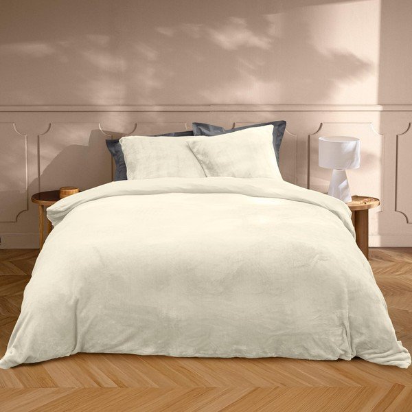 Kreminės spalvos iš mikroflanelės dvigulė/itin ilga patalynė 3 dalių 240x220 cm Flanou – douceur d'intérieur-image-1
