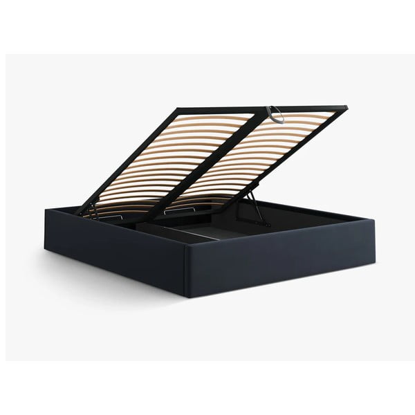 Tamsiai mėlynos spalvos dvigulė lova audiniu dengta su sandėliavimo vieta/be galvūgalio su lovos grotelėmis 160x200 cm Susan – Micadoni -image-3