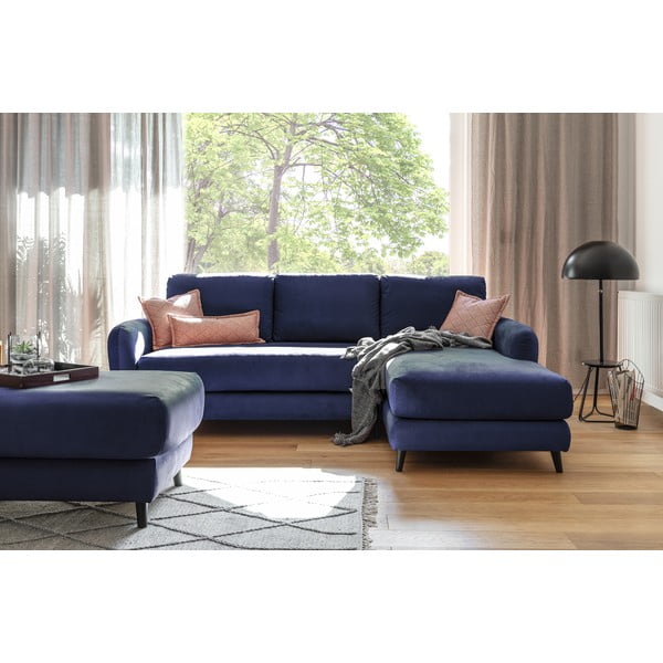 Mėlynos spalvos aksominė kampinė sofa su pakoja Miuform Cozy Claire, dešinysis kampas-image-3