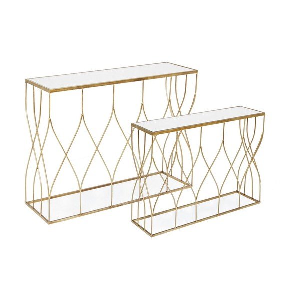 Auksinės spalvos konsoliniai staliukai 2 vnt. su stikliniu stalviršiu 33x104 cm Elenor – Bizzotto-image-2