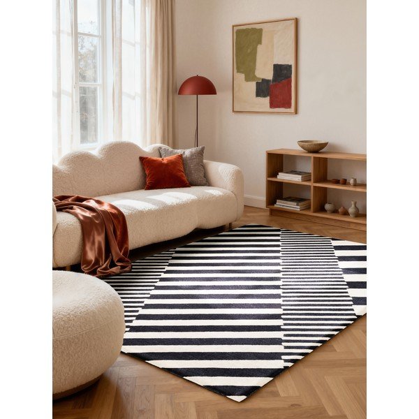 Rankų darbo juodos ir baltos spalvos iš vilnos kilimas 160x230 cm Stryve Flux – Elle Decoration-image-1