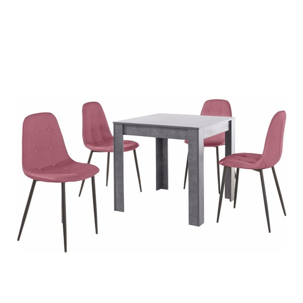 Pilkos spalvos valgomojo stalo ir 4 rausvų valgomojo kėdžių komplektas Støraa Lori Lamar Duro