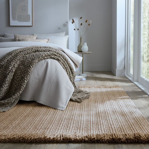 Rankų darbo smėlio spalvos iš vilnos mišinio kilimas 120x170 cm Rene Fringed Ribbed – Flair Rugs-image-1