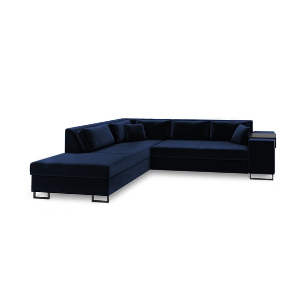Mėlyna aksominė kampinė sofa-lova Cosmopolitan Design York, kairysis kampas