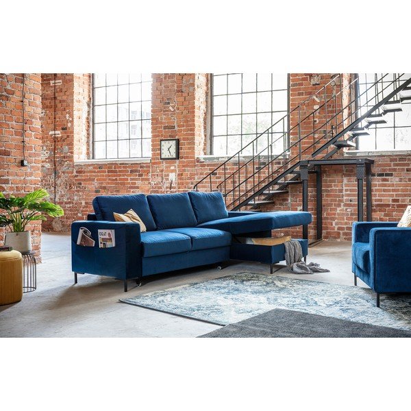 Tamsiai mėlynos spalvos aksominė kampinė sofa Miuform Lofty Lilly, dešinysis kampas-image-4