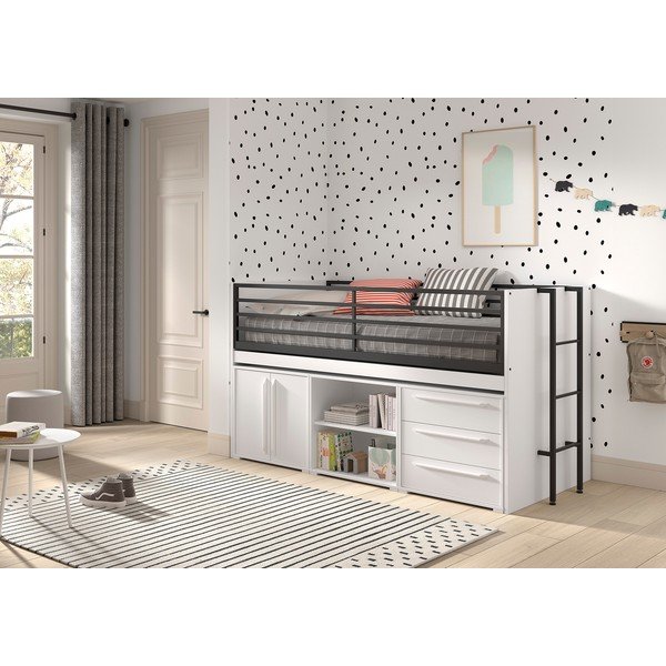 Baltos spalvos paaukštinta vaikiška lova su sandėliavimo vieta su lovos grotelėmis 90x200 cm Sam – Vipack-image-1