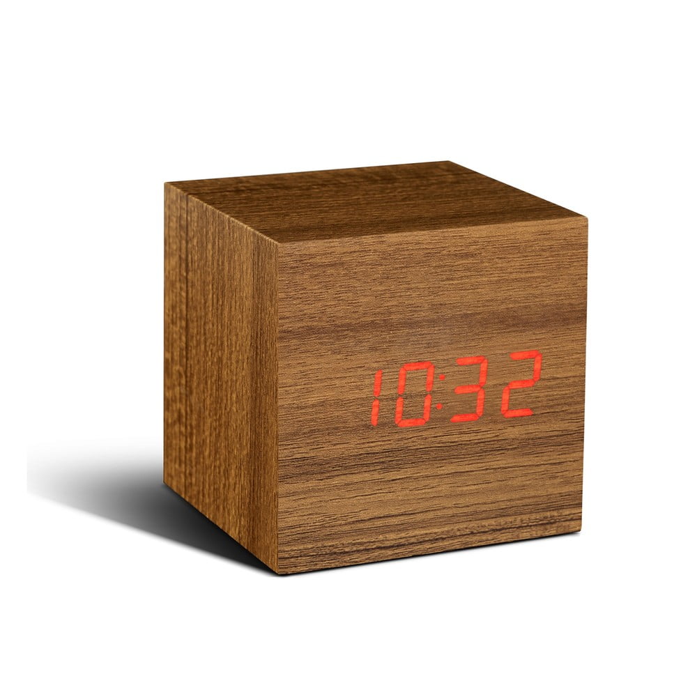 Šviesiai rudas žadintuvas su raudonu LED ekranu Gingko Cube Click Clock
