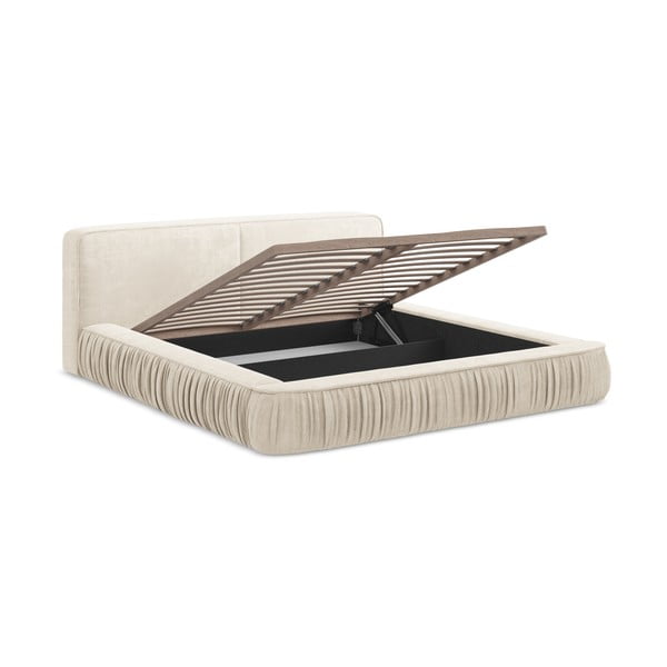 Kreminės spalvos minkšta dvigulė lova su dėže ir grotelėmis 160x200 cm Keoni - Makamii-image-4