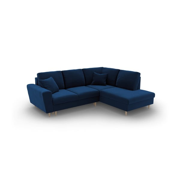 Mėlynos spalvos iš velveto sulankstoma/su sandėliavimo vieta kampinė sofa (su dešiniuoju kampu/„L“ formos) Kyoto – Cosmopolitan Design