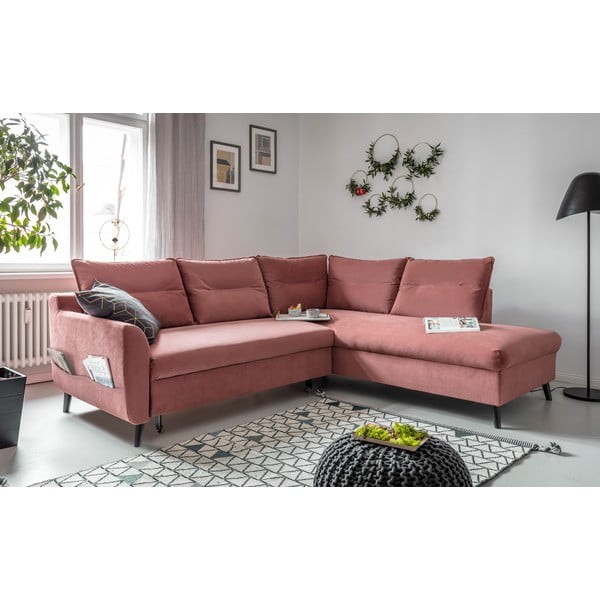 Rožinė velvetinė kampinė sofa-lova Miuform Stylish Stan, dešinysis kampas-image-3