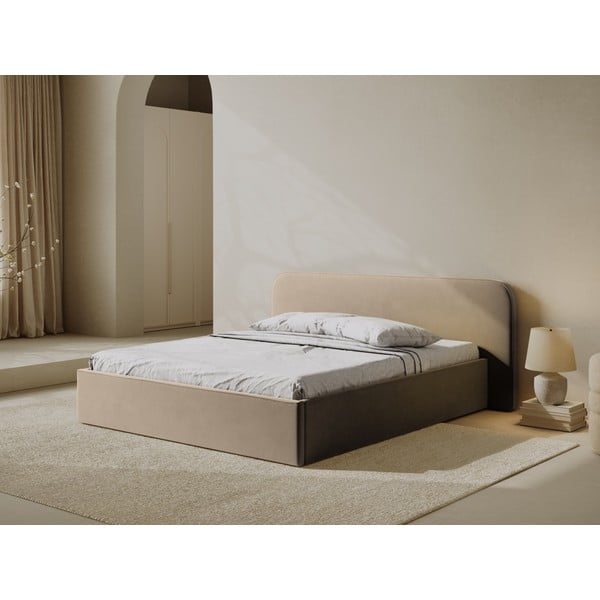 Taupe spalvos dvigulė lova audiniu dengta su sandėliavimo vieta su lovos grotelėmis 140x200 cm Elizabeth – Micadoni -image-1