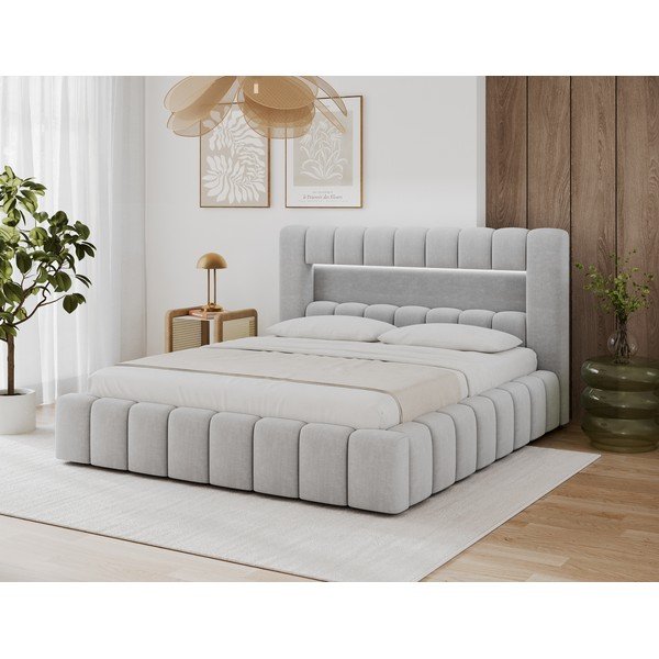 Šviesiai pilkos spalvos dvigulė lova dengta audiniu su sandėliavimo vieta su lovos grotelėmis 180x200 cm Lamica – ELTAP-image-1