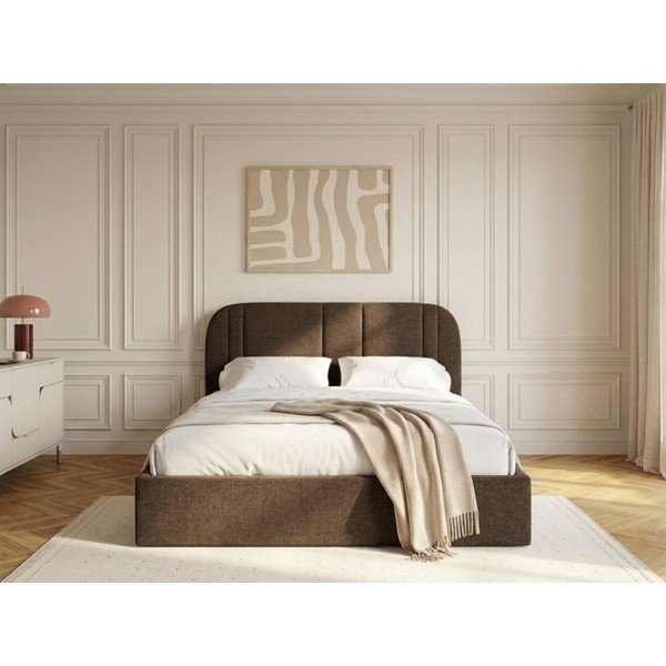 Rudos spalvos dvigulė lova audiniu dengta su sandėliavimo vieta su lovos grotelėmis 160x200 cm Sidney – Bobochic Paris-image-2