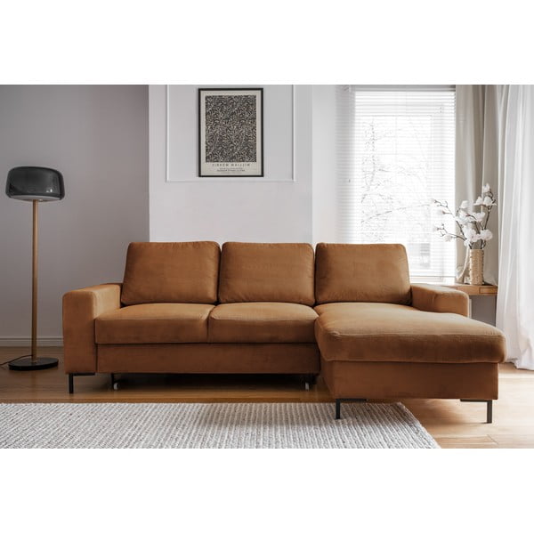 Iš kordinio velveto sulankstoma kampinė sofa oranžinės spalvos/rudos spalvos (su dešiniuoju kampu) Lofty Lilly – Miuform-image-1
