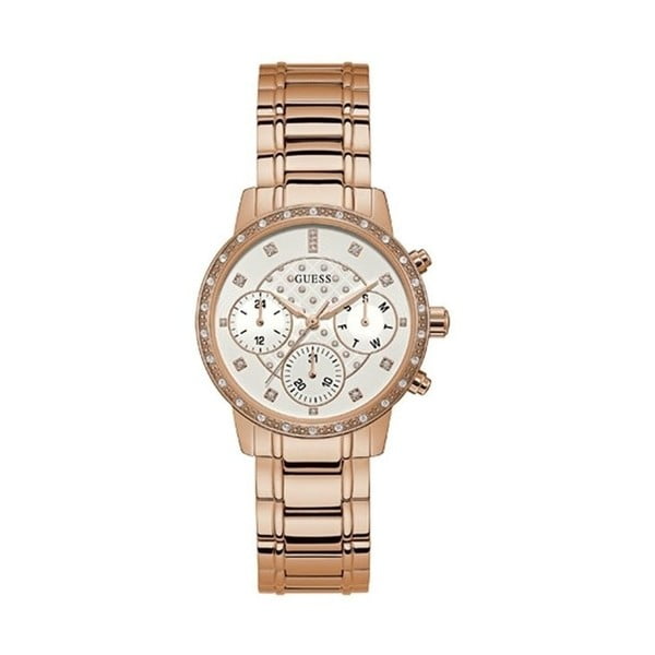 Rožinio aukso moteriškas laikrodis su nerūdijančio plieno dirželiu Guess W1022L3