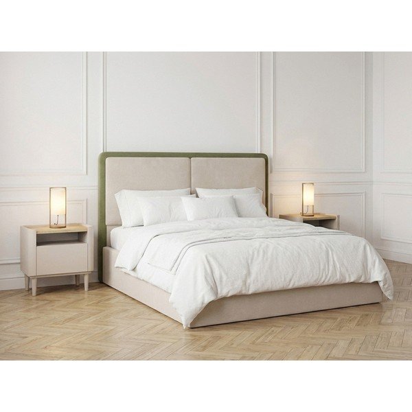 Žalios spalvos/smėlio spalvos iš audinio dvigulė lova su sandėliavimo vieta su lovos grotelėmis 180x200 cm Mara – Bobochic Paris-image-1