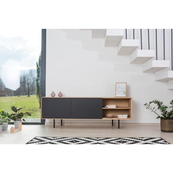 Iš ąžuolo masyvo TV spintelė juodos spalvos/natūralios spalvos 180x64 cm Fina – Gazzda-image-1
