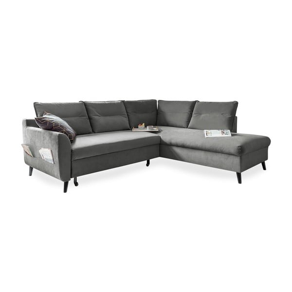 Šviesiai pilkos spalvos aksominė kampinė sofa-lova Miuform Stylish Stan L, dešinysis kampas