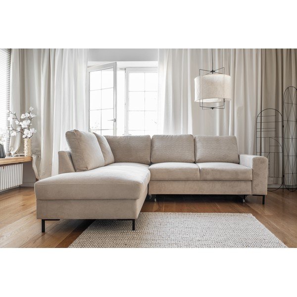 Iš kordinio velveto sulankstoma kampinė sofa smėlio spalvos (su kairiuoju kampu) Lofty Lilly – Miuform-image-1