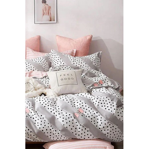 Viengulė/itin ilga patalynė iš medvilnės baltos spalvos/rožinės spalvos su paklode/3 dalių 160x220 cm Bow and Polka-Dot – Mila Home-image-2