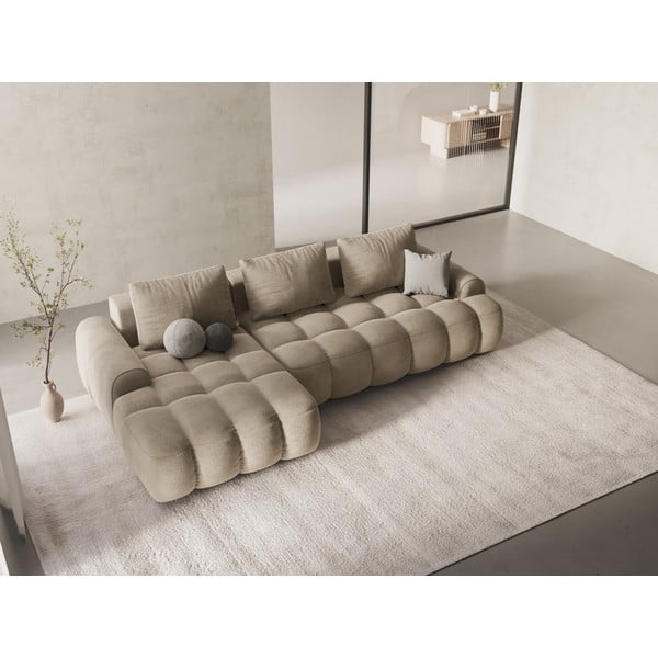 Smėlio spalvos iš velveto sulankstoma/su sandėliavimo vieta kampinė sofa (su kairiuoju kampu/su gultu) Linz – Cosmopolitan Design-image-1