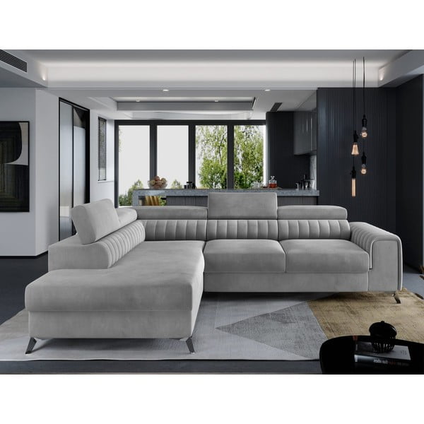 Pilkos spalvos iš velveto sulankstoma/su sandėliavimo vieta kampinė sofa (su kairiuoju kampu/„L“ formos) Laurence – ELTAP-image-1