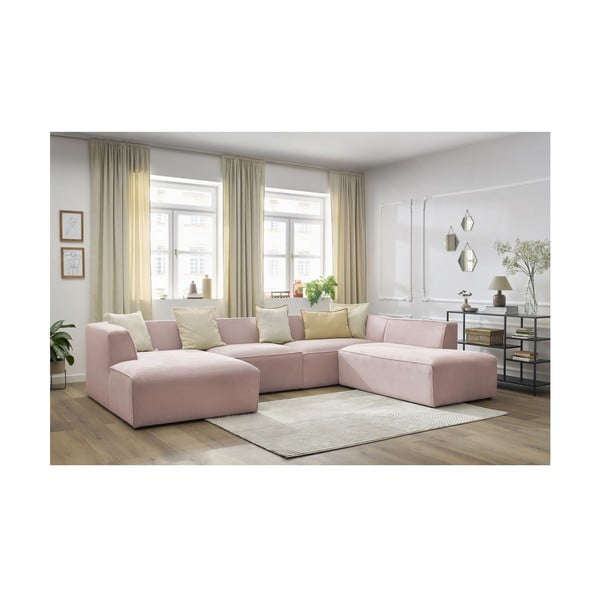 Rožinės spalvos iš kordinio velveto modulinė kampinė sofa (su dešiniuoju kampu/„U“ formos) Megeve – Bobochic Paris-image-1