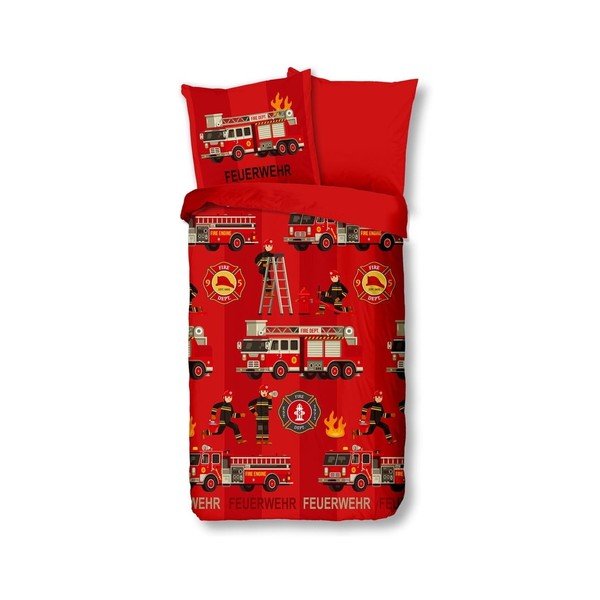 Vaikiška raudona medvilninė patalynė Good Morning Fireman
