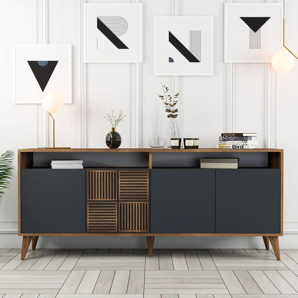 Žema šoninė spintelė antracito spalvos/natūralios spalvos iš riešutmedžio 180x79 cm Milan – Kalune Design-image-1