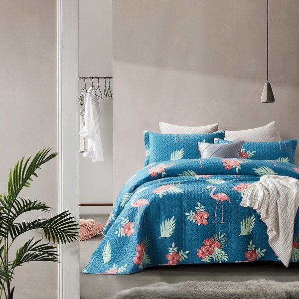 Mėlyna mikropluošto lovatiesė su dviem užvalkalais Sleeptime Flamingo, 250 x 260 cm