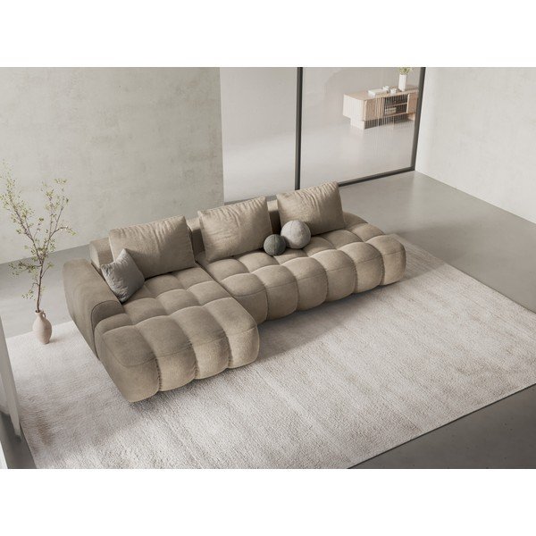 Smėlio spalvos iš velveto sulankstoma/su sandėliavimo vieta kampinė sofa (su kairiuoju kampu/su gultu) Linz – Cosmopolitan Design-image-1