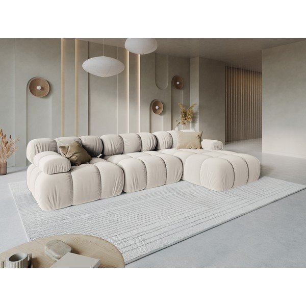 Kreminės spalvos modulinė kampinė sofa iš velveto (su dešiniuoju kampu/su gultu) – Micadoni -image-1